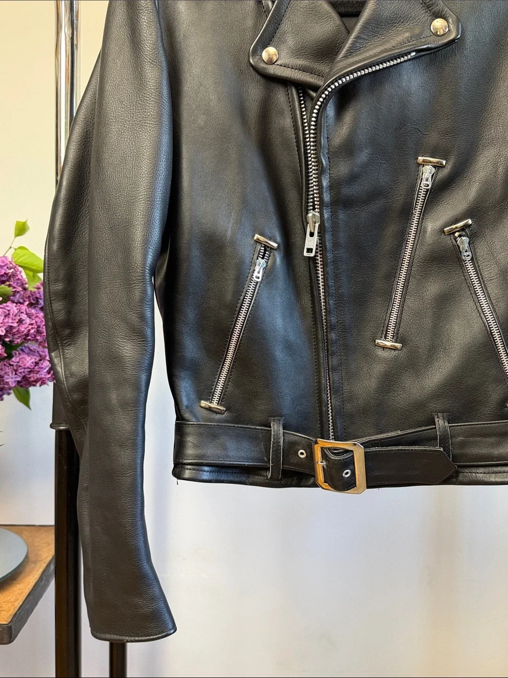 ‼️SOLD Vintage Symax Garment Co. Black Leather Biker Jacket Made in Canada - Picture 4 of 8